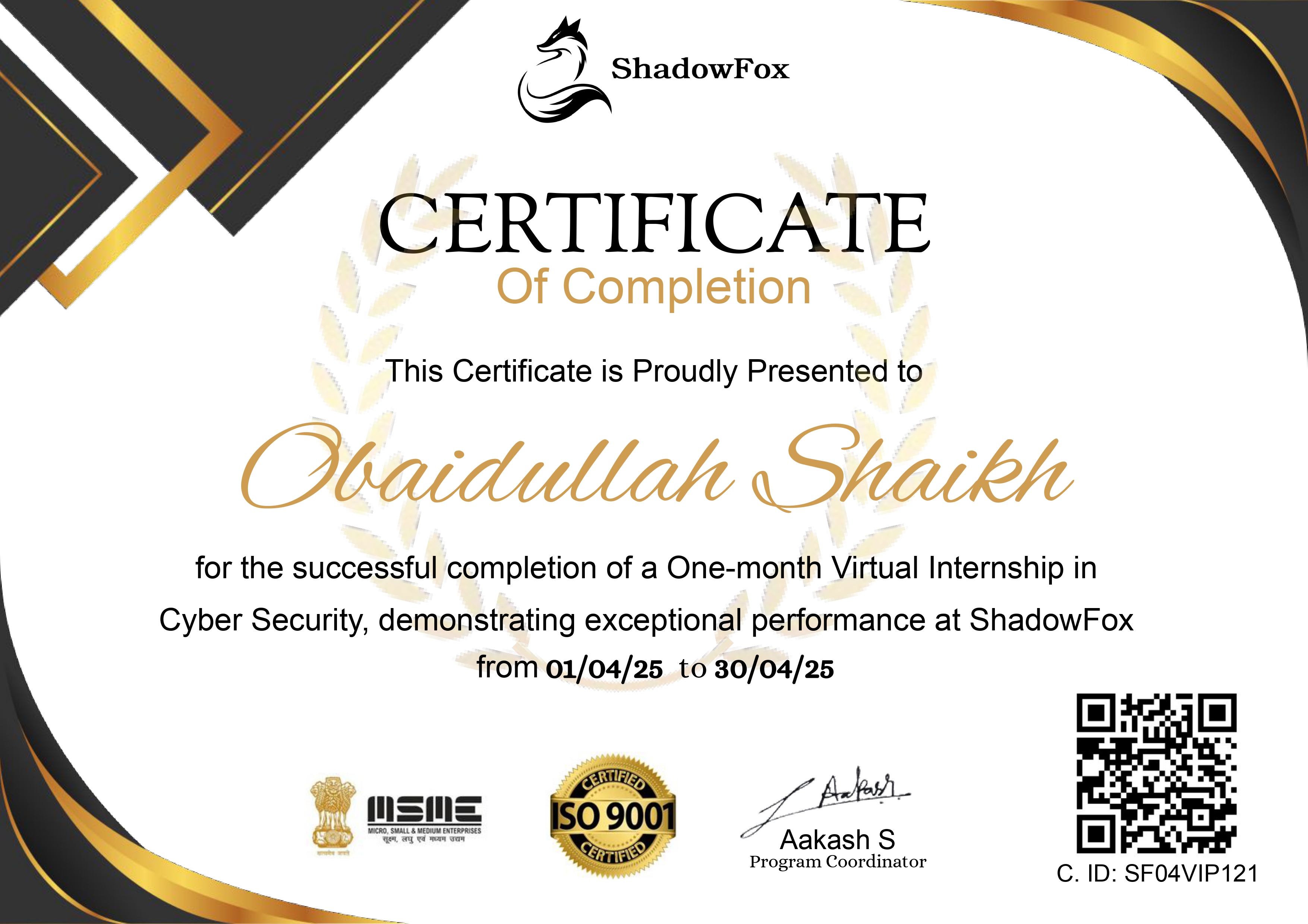 Shadowfox Completion Certificate